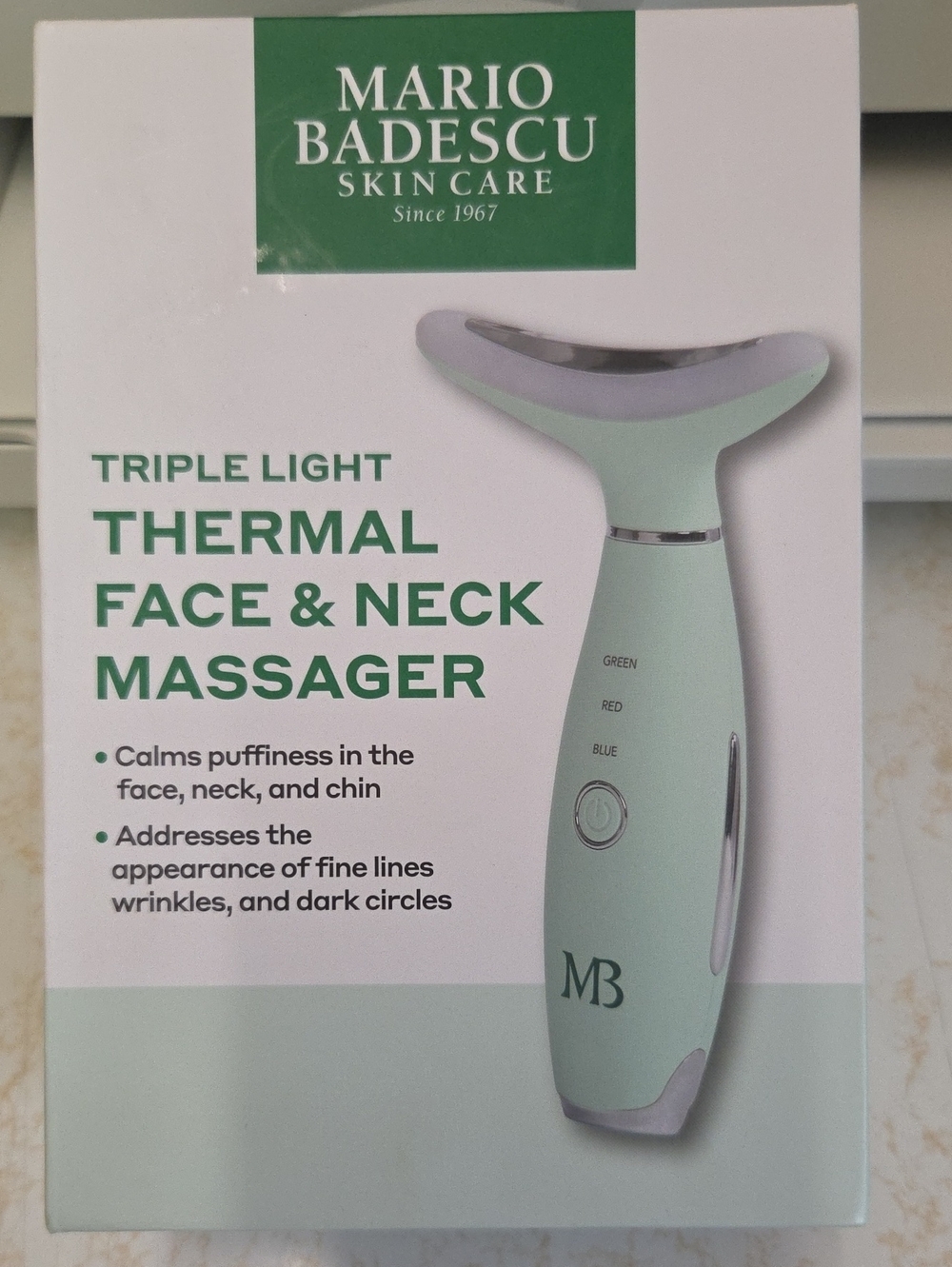 Mario Badescu Triple Light Thermal Face & Neck Massager in sage green and silver